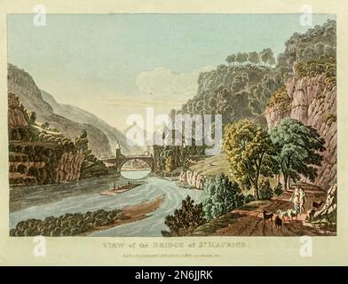 Blick auf die Brücke von St. Maurice, eingraviert von J. und J. Lory, aus dem Buch " Picturesque Tour from Geneva to Milan, by the Simplon ", das 1820 von R. Ackermann in London veröffentlicht wurde Stockfoto