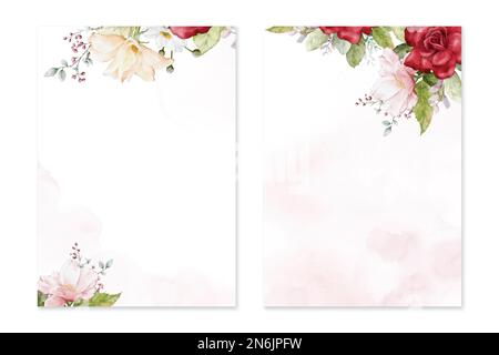 Set aus Kartenvorlage mit Aquarell-farbenfrohen Rosenstrauß auf pinkfarbenen Flecken, Hochzeitseinladung. Vektor dekorativer Valentinstag, Grußkarte, Einladungen Stock Vektor
