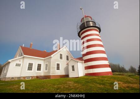 Der Leuchtturm West Quoddy Head liegt am östlichsten Punkt der USA in der Nähe von Lubec, der Atlantikküste von Maine, USA Stockfoto