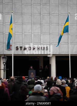 Überfüllt, als der König von Schweden Nyköping besuchte und eine Rede hielt Stockfoto