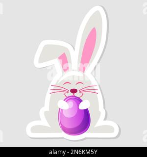 Vektoraufkleber Osterhase mit Ei, Cartoon-Häschen Stock Vektor