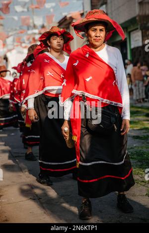 Eine Gruppe von Frauen in traditionellen Bräuchen führt bei der jährlichen Tanzparade eine Straßenshow auf Stockfoto