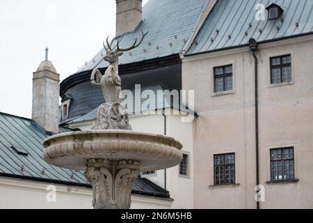 Der Brunnen mit einem Armorialsymbol der Familie Palffy im Innenhof der Burg Cerveny Kamen, Slowakei Stockfoto