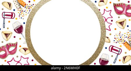 Aquarelle horizontale Bannervorlage für Purim-Grüße mit rundem goldenen Rahmen, Konfetti, Masken, Weinglas, Rasselklappern, Cracker Stockfoto