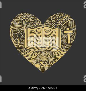 Vektor-Doodle-Illustration. Ein handgezeichnetes Herz, die Bibel, die Reise von der Schöpfung zur Erlösung. Stock Vektor