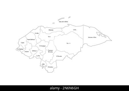 Honduras politische Karte der Verwaltungsabteilungen - Departements. Handgezeichnete Karte im Kritzelstil mit schwarzen Umrandungen und Namensschildern. Stock Vektor