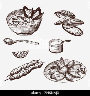 Vektor-Muschel-Set-Zeichnung im Vintage-Stil. Handgezeichnete Muscheln. Vektordarstellung. Vorlage für Design-Fischladen oder -Restaurant. Stock Vektor