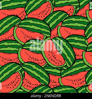 Rote Wassermelone. Nahtloser Hintergrund. Süßes, nahtloses Vektormuster mit roten Wassermelonen Stock Vektor