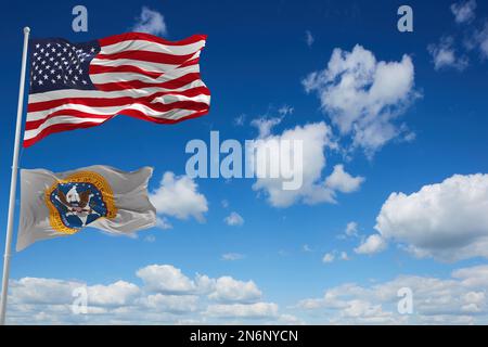 Flagge des United States Marshals Service winkt im Wind. USA Nationale Verteidigung. Speicherplatz kopieren. 3d-Illustration. Stockfoto