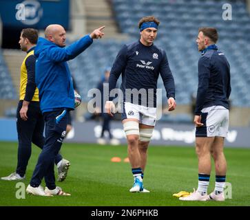 10. Februar 2023: Guinness Six Nations 2023. Schottland Coach Gregor Townsend, Schottland Kapitän Jamie Ritchie und Ben White während des Schottland Team Run, BT Murrayfield, Edinburgh. Kredit: Ian Rutherford Alamy Live News Stockfoto