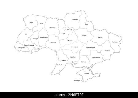 Politische Karte der ukrainischen Verwaltungseinheiten - Regionen, zwei Städte mit Sonderstatus Kiew und Sewastopol und autonome republik Krim. Handgezeichnete Karte im Kritzelstil mit schwarzen Umrandungen und Namensschildern. Stock Vektor