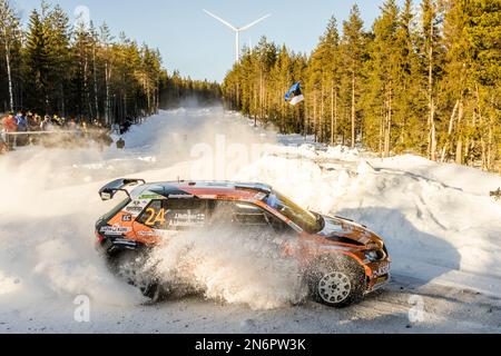 Vasterbotten County, Schweden - 10/02/2023, 24 Jari HUTTUNEN (FIN), Antti LINNAKETO (FIN), SKODA FABIA, RC2, Rally2, Action während der Rally Sweden 2023, 2. Runde der WRC World Rally Car Championship 2023, vom 9. Bis 12. Februar 2023 in Umea, Vasterbotten County, Schweden - Photo Nikos Katikis / DPPI Stockfoto