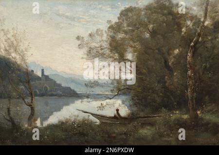 Jean-Baptiste-Camille Corot der vertäute Boatman: Souvenir eines italienischen Landschaftsmalereien am See 1861 Stockfoto