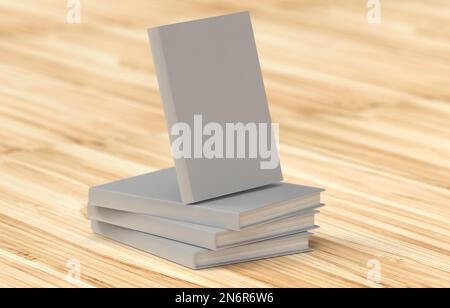 Buch hergestellt im Jahr 3D für Modelle mit neutraler Abdeckung auf Holzhintergrund Stockfoto