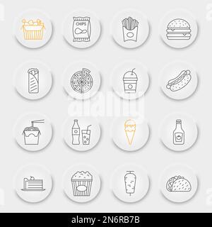 Symbolsatz für Junk-Food-Linie, Fast-Food-Sammlung, Vektorgrafiken, pneumorphe UI-UX-Schaltflächen, Junk-Food-Vektorsymbole, Zeichen für ungesunde Ernährung, Piktogramme, bearbeitbarer Strich Stock Vektor