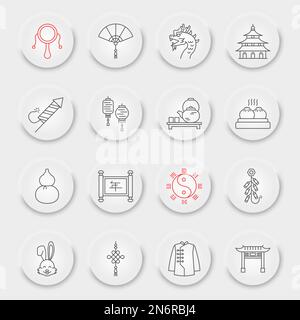Symbolsatz für chinesische Neujahrslinien, 2023 chinesisches Kaninchen-Zodiac, Reisesammlung, Vektorgrafiken, pneumorphe UI-UX-Schaltflächen, chinesische Neujahrsvektorsymbole, asiatische Zeichen, Piktogramme, bearbeitbare Kontur Stock Vektor
