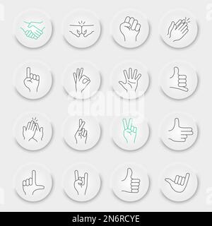 Symbolsatz mit Handgesten, Sammlung von Gesten, Vektorgrafiken, UX-Schaltflächen für die pneumorphe Benutzeroberfläche, Vektorsymbole für Handgesten, Handzeichen, Piktogramme für Umrisse, bearbeitbare Kontur Stock Vektor