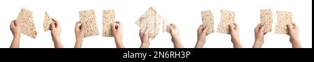 Collage mit Fotos von Leuten, die Matzen auf weißem Hintergrund halten, Nahaufnahme. Pesach (Passover)-Feier Stockfoto