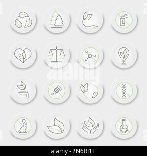 Umweltfreundliche Liniensymbole, Natursammlung, Vektorgrafiken, pneumorphe UI-UX-Schaltflächen, umweltfreundliche Vektorsymbole, Biozeichen, Piktogramme, bearbeitbare Kontur Stock Vektor