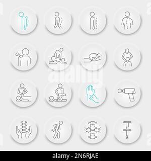 Chiropraktiker-Linien-Symbolsatz, chiropraktische Sammlung, Vektorgrafiken, pneumorphe UI-UX-Schaltflächen, Physiotherapie-Vektorsymbole, Chiropraktiker-Zeichen, Umriss-Piktogramme, bearbeitbarer Schlaganfall Stock Vektor