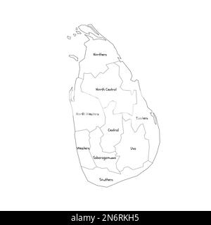 Sri Lanka politische Karte der Verwaltungsabteilungen - Provinzen. Handgezeichnete Karte im Kritzelstil mit schwarzen Umrandungen und Namensschildern. Stock Vektor