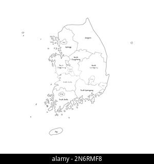 Südkorea politische Karte der Verwaltungseinheiten - Provinzen, Metropolstädte, Sonderstadt Seolu und besondere selbstverwaltende Städte in Sejong. Handgezeichnete Karte im Kritzelstil mit schwarzen Umrandungen und Namensschildern. Stock Vektor