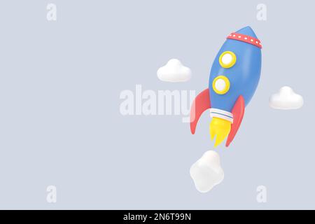 3D die fliegende Weltraumrakete zu rendern. Und Wolken. Bringen Sie das Business-Produkt auf den Markt. Raumschiff und Kopierraum für Text. Unternehmensgründungskonzept. 3D-Renderin Stockfoto