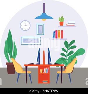Arbeitsplatzkonzept für die Zusammenarbeit, selbsttragendes Office-Vektordesign mit Farbsymbolen, Green Office-Symbol, umweltfreundliches Arbeitsplatzschild, modern Stock Vektor