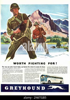 1943 – Greyhound – amerikanische (US) Werbung während des Zweiten Weltkriegs Stockfoto