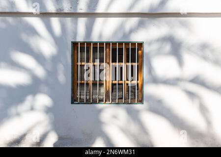 Schatten einer Palme, gegossen auf einer weißen Wand, durchbohrt von einem Fenster. Pajara, Fuerteventura. Stockfoto