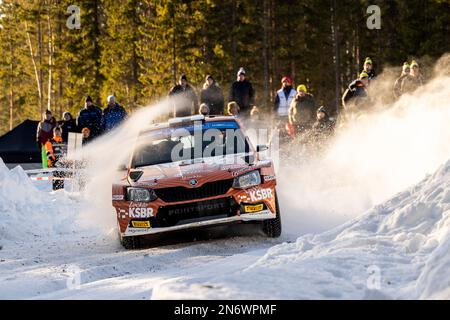 Vasterbotten County, Schweden - 10/02/2023, 24 Jari HUTTUNEN (FIN), Antti LINNAKETO (FIN), SKODA FABIA, RC2, Rally2, Action während der Rally Sweden 2023, 2. Runde der WRC World Rally Car Championship 2023, vom 9. Bis 12. Februar 2023 in Umea, Vasterbotten County, Schweden - Photo Nikos Katikis / DPPI Stockfoto