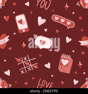 Valentinstag. Love Concept niedliche Vektordarstellung Nahtloses Muster mit Herzen, Liebe, Blumen, Umschlag, Pfeilen, eine tasse Kaffee und Cupcakes. Stock Vektor