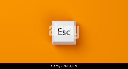 Einfache, weiße Escape-Taste auf der Computertastatur vor orangefarbenem Hintergrund, Geschäftskonzept beenden, beenden oder beenden, flache Draufsicht von oben, 3D-Abbildung Stockfoto