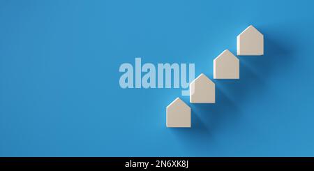 Kleine Holzhäuser, steigende Stufen vor blauem Hintergrund, steigender Wohnungs- oder Immobilienwert, Hypotheken-, Versicherungs- oder Kostenkonzept, 3D-Darstellung mit Kopien Stockfoto