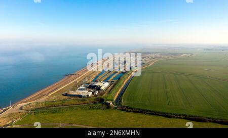 Luftaufnahme von Seasalter Shellfish Hatchery, Reculver, Herne Bay, Thanet Stockfoto