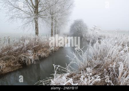 Morgenfrost und Nebel entlang des Flusses cherwell in der landschaft von oxfordshire. Somerton, Oxfordshire, England Stockfoto