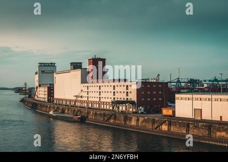 Mannheim, Deutschland - 26.03.2021: Lager- und Bürogebäude am Binnenhafen Mannheim am Rhein Stockfoto