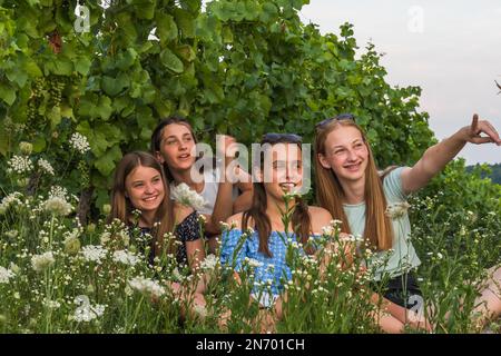 Vier Teenager-Mädchen sitzen auf dem Land und schauen in die gleiche Richtung Stockfoto