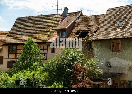 Bergheim, eine kleine Stadt an der Route des Vins im Elsass mit mittelalterlichen Gebäuden, einer Verteidigungsmauer und einer schönen Atmosphäre Stockfoto