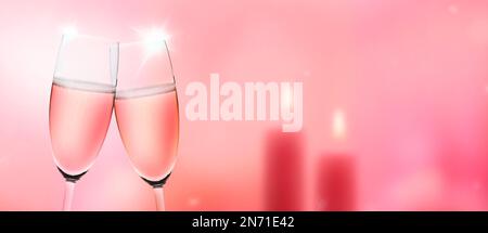 Zwei Champagnergläser vor verschwommenem Hintergrund mit pinkfarbenen Kerzen Stockfoto