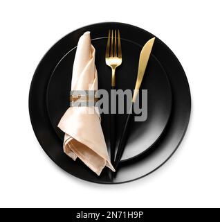 Elegante Tischeinstellung auf weißem Hintergrund, Draufsicht Stockfoto