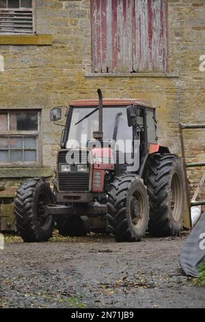 Traktor auf einem Hof – Massey Ferguson-Traktor – Landmaschinen mit kleinen und großen Reifen – Northumberland – Großbritannien Stockfoto