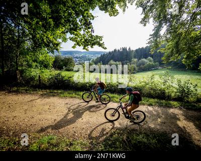 E-Mountainbiker auf der Waldstraße in Luxemburg. Die Stadt Mersch im Hintergrund. Stockfoto