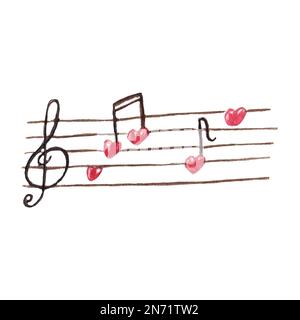 Aquarelle Notierung mit herzförmigen Noten. Handgezeichnete Aquarellmusiksymbole für Valentinstag, Druck, Karte, Aufkleber Stockfoto