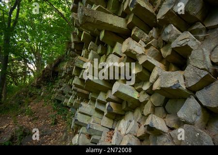 Basaltsäulen im Naturschutzgebiet Gangolfsberg in der Kernzone des Biosphärenreservats Rhön, Bayerischer Rhön, Bezirk Rhön-Grabfeld, Niederfrankien, Bayern, Deutschland Stockfoto