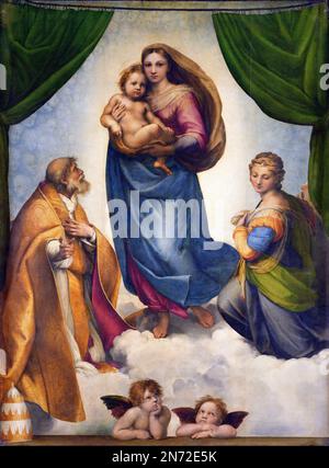 Raphael. Gemälde bekannt als Sixtinische Madonna von Raffaello Sanzio da Urbino (1483–1520), Öl auf Leinwand, 1513/14 Stockfoto