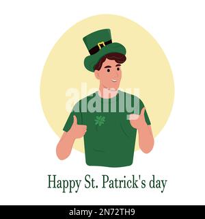 Happy St. Patricks Tag. Ein junger lächelnder irischer Mann feiert und Gesten. Flache Vektordarstellung isoliert auf Weiß. Stock Vektor