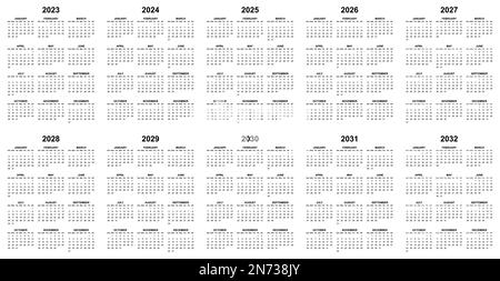 Einfache editierbare Vektorkalender für das Jahr 2023, 2024, 2025, 2026, 2027, 2028. 2029, 2030, 2031, 2032 sonntage in Schwarz, einfach zu bearbeiten und zu verwenden Stock Vektor