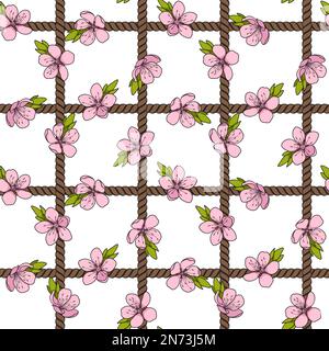 Nahtloses Muster mit Netz aus der Kordel und pinkfarbenen Frühlingsblumen. Farbiger Vektorhintergrund mit Objekten auf Weiß. Stock Vektor