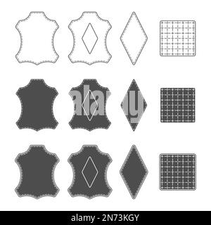 Schwarzweiße Illustration mit Zeichen aus echtem Leder, Textilien und anderen Materialien. Isolierte Vektorobjekte auf weißem Hintergrund. Stock Vektor